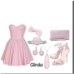 a woman's pink dress and accessories are shown