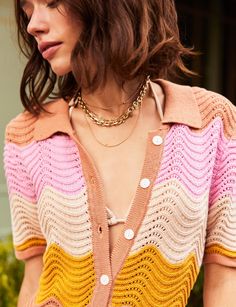 The Liora Cover-Up has an oversized boyfriend fit and is knitted in a colorful pointelle stitch. It can be worn open over your favorite swimsuit, or buttoned up over your favorite pair of cut-offs. Novelty Buttons, Leather Pant, Leather Dresses, Novelty Print, Boyfriend Fit, Color Stripes