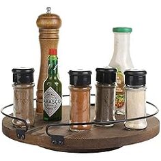 a spice rack with spices and seasonings on it