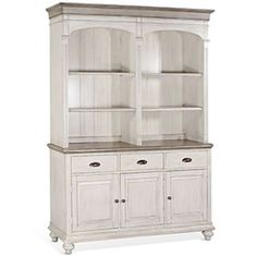 a white china cabinet with two doors and drawers