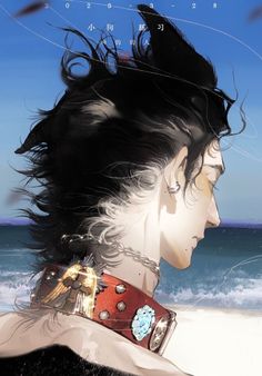 an anime character with long hair on the beach looking out at the ocean and waves