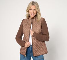 The best of both worlds, this cozy jacket features sweater sleeves and a quilted body. The perfect layer for chilly fall days (and nights), it pairs well with a long-sleeve tee, jeans, and ankle boots. From Denim & Co.® Fashions. Quilted Sweater, Cozy Jacket, Fall Days, Blazer Fashion, Sweater Sleeves, Sweater Jacket, Blazer Jacket, Long Sleeve Tees, Ankle Boots