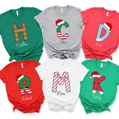 This super soft jersey T shirt has a relaxed fit and is perfect for matching with family or friends for Christmas! Please indicate name in personalization box below. Price is for ONE shirt, please add each shirt to your cart and then check out all together! Order a few sizes up for a T-shirt dress style!  **RETURNS & EXCHANGES** Due to the fact that each product is carefully made to order, we cannot accept any returns or exchanges for this product. However if there is an issue with your order, let us know and we will make it right! Please be sure to use the provided size chart to order the correct size! .: 100% Airlume combed and ringspun cotton (fiber content may vary for different colors) .: Light fabric (4.2 oz/yd² (142 g/m .: Retail fit .: Tear away label .: Runs true to size Friend T Shirts, Name Shirts, Friends Tshirt, Family Christmas Shirts, Shirt Dress Style, Christmas Family, Festive Holiday, Matching Shirts, Family Shirts