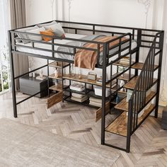 a metal loft bed with stairs and storage drawers in the bottom section, on top of a chevron wood floor