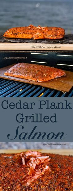 two pizzas on top of a grill with the words cedar plank grilled salmon