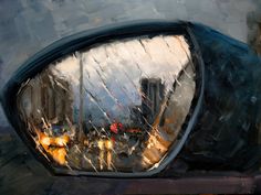 a painting of the reflection of a building in a side view mirror