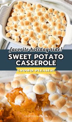 sweet potato casserole with marshmallows on top in a white dish