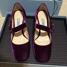 Square Toe Velvet Mary Jane Prada Heels With Box Heels: 2.75" Color: Purple Shoe Size: 7 Foreign Size: It 35.5 Velvet Mary Janes, Box Heels, Prada Heels, Shoes Prada, Velvet Heels, Purple Shoes, Bride Accessories, Mary Jane Heels, Purple Velvet