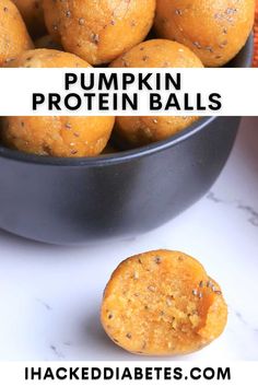 pumpkin protein balls in a black bowl with text overlay