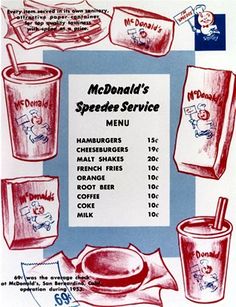 the menu for mcdonald's breakfast service is shown in red and blue ink on white paper