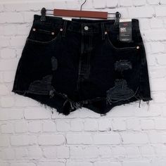 Nwt Levi’s 501’s Black Denim Shorts Size 33 -Distressed -Raw Hem -Button Fly -Short Shorts -New With Tags -Offers Welcome Levis Denim Shorts, Mid Length Shorts, Mom Jeans Shorts, Red Jeans, Levi’s 501, Acid Wash Denim, Denim Cutoff Shorts, Levi Shorts, Denim Cutoffs