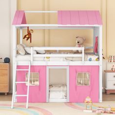 a child's bedroom with a pink bunk bed and white ladders to the top