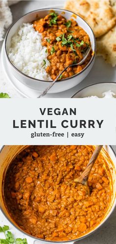 Two images of vegan lentil curry with title text in the center. Vegan Red Lentils Recipe, Healthy Creative Recipes, Vegan Lentil Curry, Vegan Rice Dishes, Coconut Lentil Curry, Lentil Curry Recipes, Homemade Naan, Healthy Grains