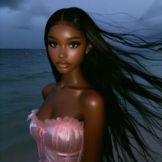 a woman with long hair standing in the ocean at night wearing a pink corset