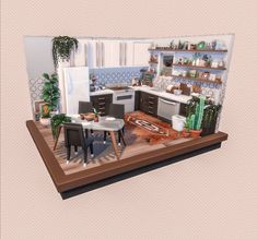 an open concept kitchen and dining area with plants