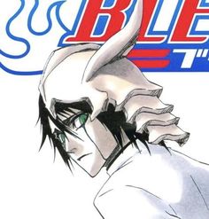 an anime character with long black hair and green eyes, wearing a white shirt that says bleacher