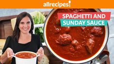 a woman holding a bowl of spaghetti and tomato sauce with the words spaghetti and sunday sauce in front of her