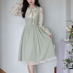 Size: L, Color: Shirt And Dress Casual Vintage Dress For Spring, Casual Vintage Midi Dress For Fall, Casual Dress With Doll Collar For Garden Party, Casual Doll Collar Dresses For Garden Party, Casual Knee-length Vintage Dress For Spring, Casual Vintage Knee-length Dress For Spring, Spring Vintage Dress With Ruffles For Casual Wear, Casual Vintage Dress With Ruffles, Casual Long Sleeve Vintage Dress