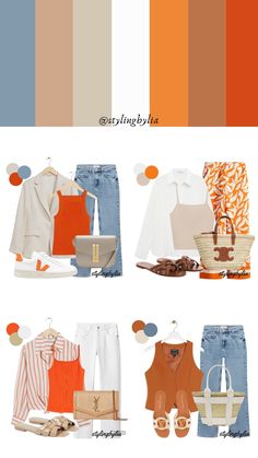 Coral And Blue Outfit, Bright Orange Outfit Color Combos, Cream And Orange Outfit, Orange Outfit Ideas Casual, Orange Color Outfit, Bright Colors Outfit Ideas, Bright Orange Outfit, Orange And White Outfits