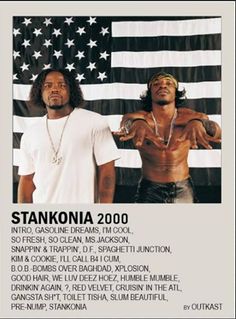 two men standing next to each other in front of an american flag and the words stankonia by outlast