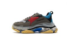 Balenciaga Triple S Blue Red - ShareLuxury.net Boots Heel, Lit Shoes, Dad Shoes, Sneaker Release, Balenciaga Triple S, Synthetic Fabric, Brooks Sneaker, Hoka Running Shoes, Logo Embroidered