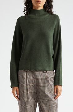 A neat mock neck and an unstructured silhouette define a verdant sweater knit from warming wool. Mock neck Long sleeves 100% wool Hand wash, dry flat Imported Casual Wool Fine Knit Turtleneck, Casual Fine Knit Wool Turtleneck, Textured Knit Turtleneck Sweater For Work, Textured Turtleneck Sweater For Work, Funnel Neck Sweater With Ribbed Cuffs For Work, Green Cashmere Sweater With Ribbed Cuffs, Wool Funnel Neck Polo Sweater For Fall, Fall Funnel Neck Fine Knit Sweater, Workwear Fine Knit Funnel Neck Sweater