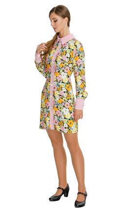 SALE! 2 left! Vibrant Floral Autumn Shirt Dress; a versatile and delightful addition to your wardrobe. This dress features a vibrant floral pattern that adds a casual elegance to your ensemble, making it perfect for both work and play. The classic pink collar, cuffs, and button down detailing provide a charming contrast against the floral backdrop. With its casual yet sophisticated style, this dress carries confidently across all environments, from the classroom to a concert hall. Embrace the vi Multicolor Long Sleeve Floral Dress, Multicolor Floral Print Button-up Shirt Dress, Multicolor Long Sleeve Floral Dress For Garden Party, Casual Long Sleeve Dress With Floral Patchwork, Feminine Multicolor Knee-length Floral Dress, Multicolor Collared Dress For Daywear, Fitted Floral Patchwork Dress, Spring Floral Long Sleeve Dress For Daywear, Long Sleeve Floral Dress For Spring Daywear