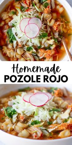 two bowls of homemade pozole rojo are shown with the title above it