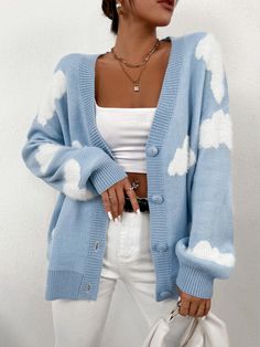 Drop Shoulder Cardigan, Cardigan Casual, Style Advice, Patterned Cardigans, Cardigan Outfits, Casual Cardigans, White Clouds, Blue Cardigan