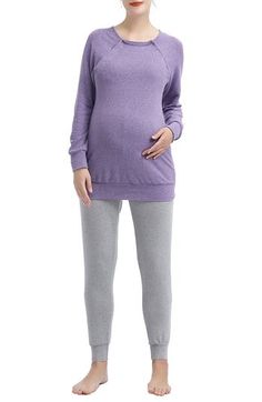 A supersoft pajama top is designed to adapt to your changing body during and after pregnancy with a relaxed fit and easy snap panel. A hidden layer along the neckline can be un-snapped and pulled aside for easy and discreet nursing. Comfy jogger-style pants complete the cozy set. Top has crewneck; long sleeves Pants have over-the-belly band 95% polyester, 5% spandex Hand wash, tumble dry Imported Cotton Nursing Friendly Long Sleeve Sleepwear, Cotton Long Sleeve Nursing-friendly Sleepwear, Nursing Friendly Long Sleeve Cotton Sleepwear, Nursing-friendly Long Sleeve Cotton Sleepwear, Cotton Long Sleeve Nursing Friendly Sleepwear, Comfortable Long Sleeve Tops For Loungewear, Comfy Cozy Fit Tops For Loungewear, Nursing-friendly Relaxed Fit Sleepwear, Nursing Friendly Long Sleeve Sleepwear