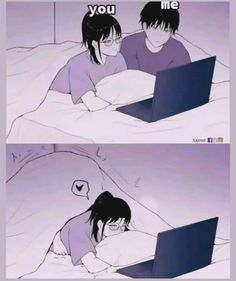 two people laying in bed using laptops with the caption that reads, i love you me