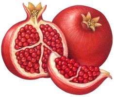 a painting of pomegranates with one cut open and the other half opened