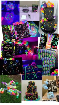 a collage of neon themed party items and decorations