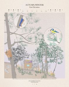 an image of the cover of autumn - winter magazine, with trees and birdhouses