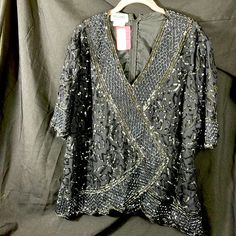 Brilliante Women’s Xl Heavily Beaded Blouse, Black, Zipper Back. Looks Very Well Made And Comfortable. Never Worn, New With Tags. Festive Beaded Tops For Night Out, Beaded Short Sleeve Tops For Evening, Beaded V-neck Tops For Evening, Festive Embellished Short Sleeve Tops, Elegant Short Sleeve Holiday Tops, Red Peplum Tops, Embroidered Cotton Top, Cold Shoulder Lace, Fashion Nova Outfits