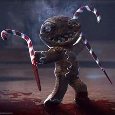 a cartoon character holding two candy canes in his hand while standing on the ground