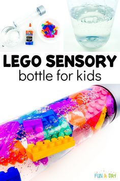 the lego sensory bottle for kids is filled with colorful plastic beads and water in it