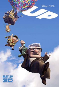 the poster for up is flying high in the sky with balloons and characters on it