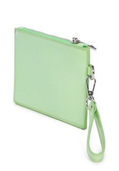 cuz you like it raw. This wristlet has a vegan leather construction, a glitter finish, graphics on the front, a removable strap, and a top zipper closure. Green Pouch Wristlet For Daily Use, Green Rectangular Wristlet With Zipper Pouch, Green Trendy Wristlet For Everyday Use, Trendy Green Wristlet For Everyday Use, Trendy Green Rectangular Wristlet, Green Clutch With Zipper Closure, Green Bags With Wrist Strap For Daily Use, Green Bag With Wrist Strap For Daily Use, Green Daily Use Bag With Wrist Strap