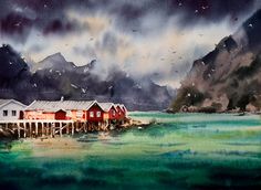 watercolor painting of red houses in the ocean