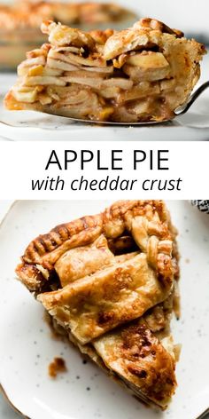 an apple pie with cheddar crust is shown on a white plate and has the words, apple pie with cheddar crust