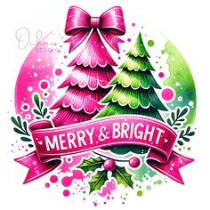 merry and bright christmas tree with pink ribbon