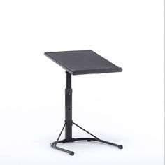 a black table with a metal base and an adjustable keyboard stand on the bottom, against a white background