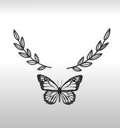 a black and white photo of a butterfly with leaves on it's wings, in the shape of a laurel