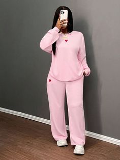 2024 Autumn/Winter Casual Basic Heart Embroidery Loose Fit Round Neck Sweatshirt And Wide-Leg Pants Pink Outfit - B Pink Casual  Long Sleeve Knitted Fabric Plain  Medium Stretch  Women Clothing, size features are:Bust: ,Length: ,Sleeve Length: Plus Size Track Suit For Women, Dressing Up Sweatpants Plus Size, Plus Size Joggers Set, Plus Size Jogging Suits, Track Suit Plus Size, Sweatsuit Set Plus Size, Plus Size Shein Cart, Solid Color Long Sleeve Matching Pant Set, Solid Long Sleeve Pant Set