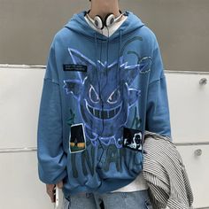 Insane' Dark Gengar Oversized Cotton Hoodie - DYSTOPIɅN ™️ | Dystopian Streetwear Cheap Urban Long Sleeve Hoodie, Cheap Purple Hoodie With Graphic Print, Blue Hooded Halloween Hoodie, Blue Halloween Hoodie, Blue Long Sleeve Hoodie For Halloween, Blue Hip Hop Hoodie For Winter, Hip Hop Blue Hoodie For Winter, Hip Hop Style Blue Hoodie For Winter, Casual Halloween Hoodie With Adjustable Hood