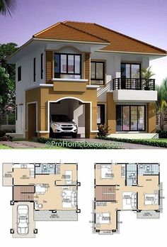 two story house plan with garage and living room in the middle, surrounded by palm trees