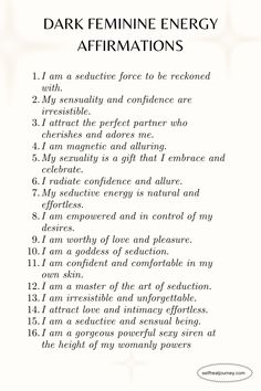 Affirmation For Divine Feminine, Embracing Your Femininity, Alpha Female Affirmations, I Am Feminine Affirmations, Affirmations For Dark Feminine Energy, Divine Feminine Definition, Becoming Dark Feminine, Dark Feminine Characteristics, Powerful Woman Affirmation