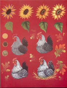 roosters and sunflowers on a red background