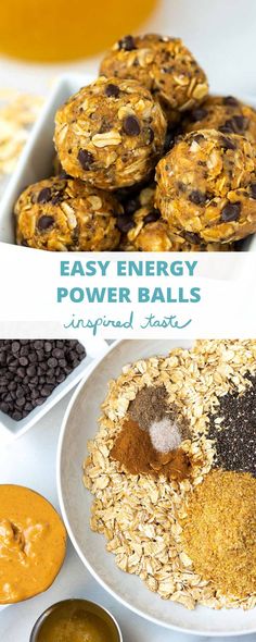 the ingredients for easy energy power balls are shown in bowls and on top of plates